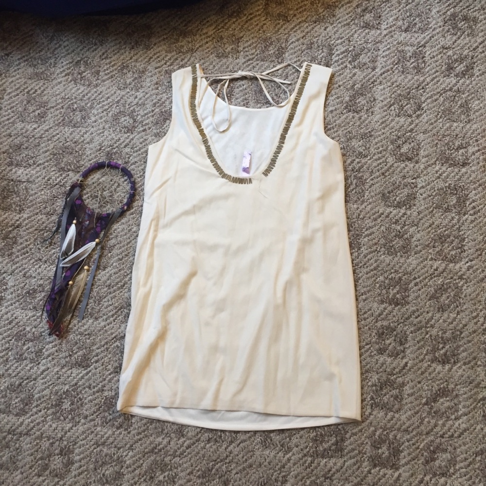 🔴Brazilian Boho Beaded Cream Tunic Dress — Medium - Picture 4 of 7